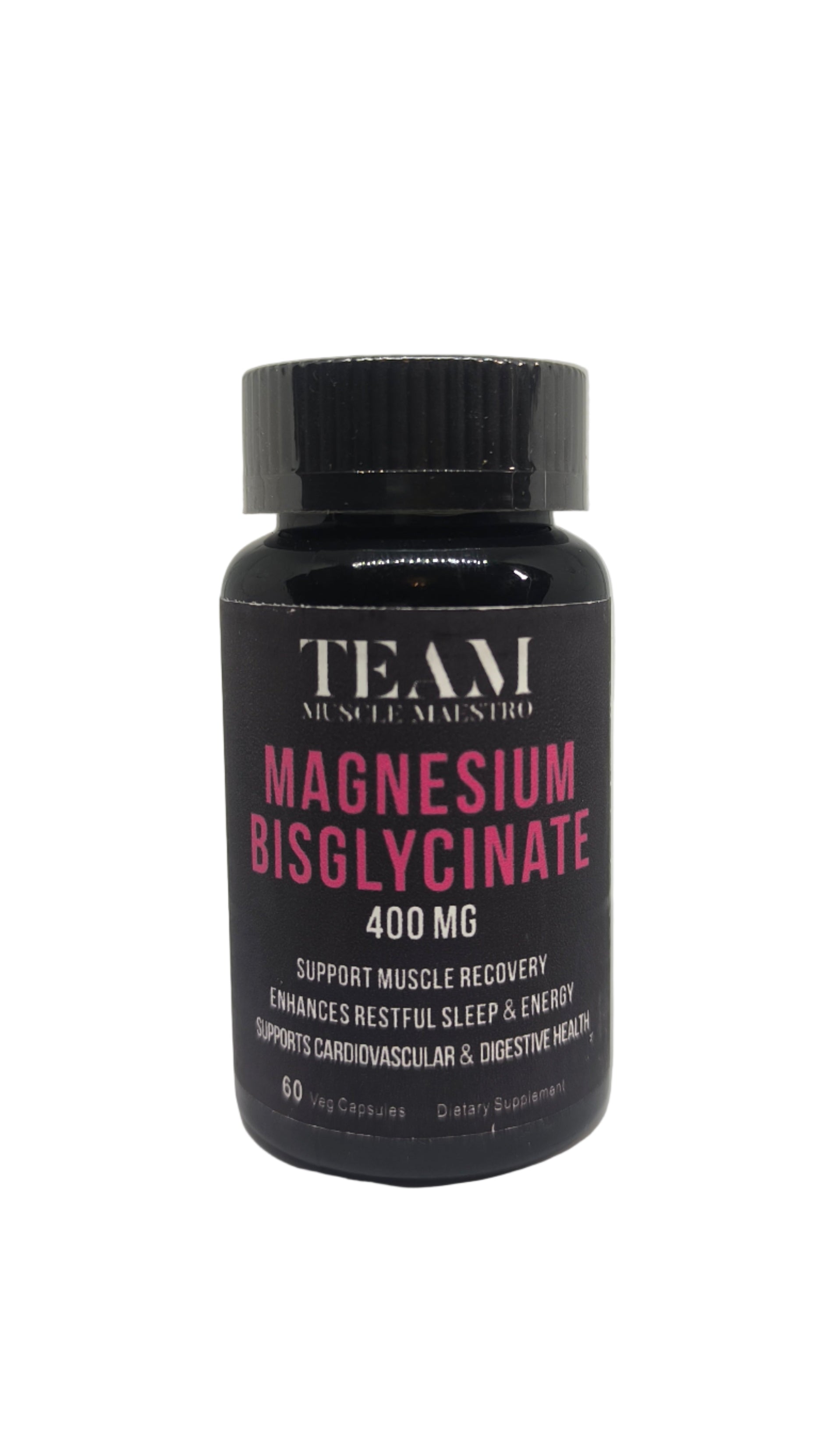 Black supplement bottle labeled 'Magnesium Bisglycinate' on a white background